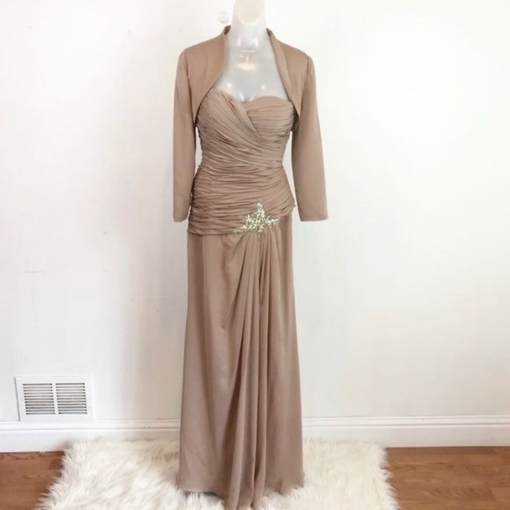 Franssical A-Line Ruched 2pcs Gown w/Bolero jacket tan color size 6